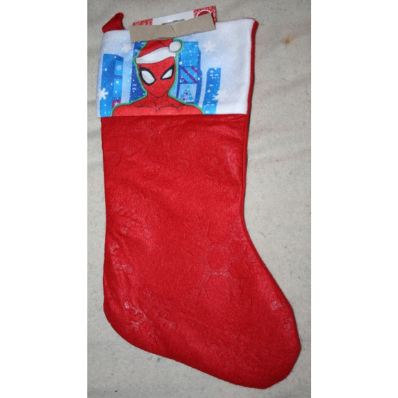 2024 Christmas Stocking Animated Spiderman in front Skyline on Red 16" by RUZ - Picture 1 of 3